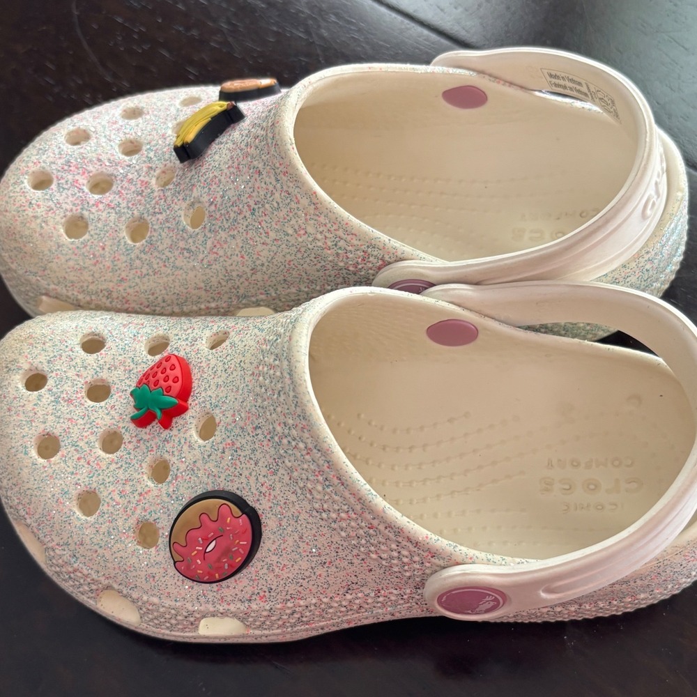 Crocs Kids Classic Glitter Clogs White Multi Color Sparkle Jibbitz Size C12